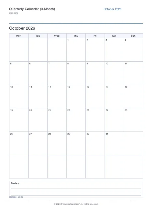 Free printable dated quarterly calendar — Q4 (Oct-Dec) — PDF download