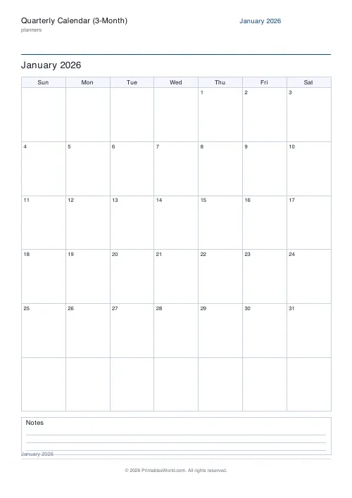 Free printable dated quarterly calendar — Sunday — PDF download