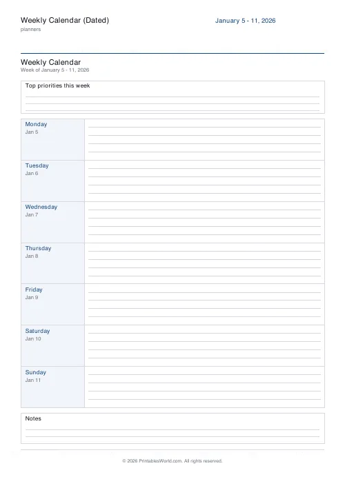 Free printable dated weekly calendar — Monday start — PDF download