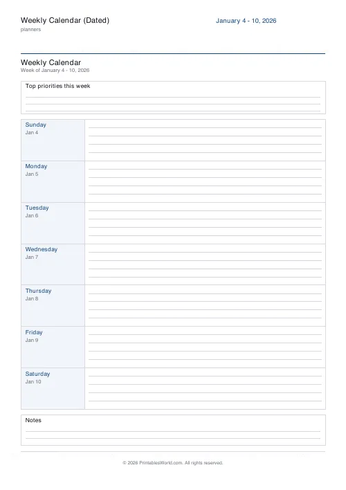 Free printable dated weekly calendar — Sunday start — PDF download