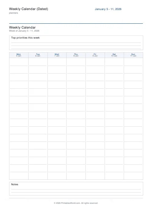 Free printable dated weekly calendar — Day columns — PDF download