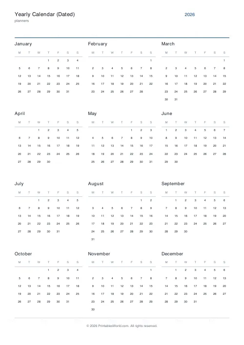 Free printable dated yearly calendar — Monday — PDF download