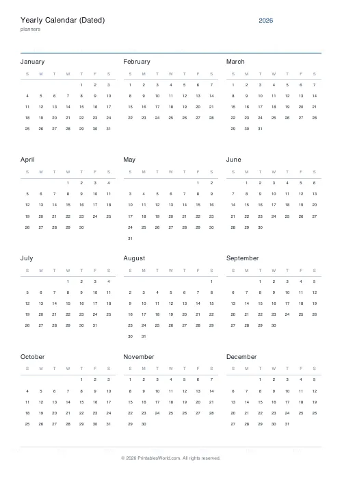 Free printable dated yearly calendar — Sunday — PDF download