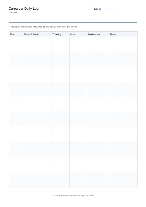 Free printable caregiver daily log (10 rows), PDF download