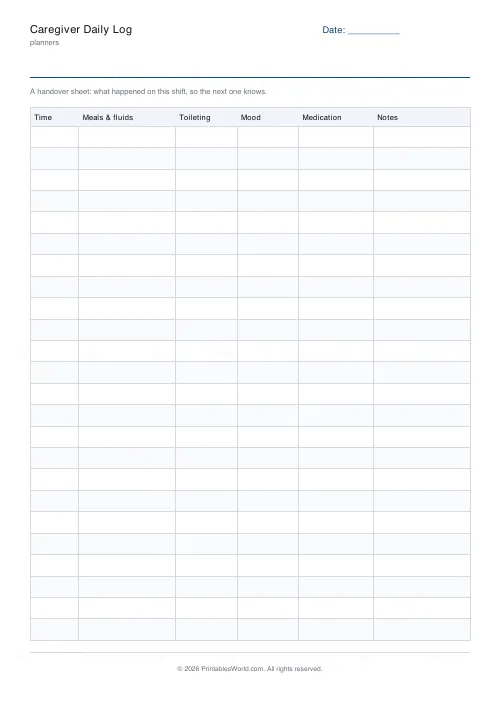 Free printable caregiver daily log (24 rows), PDF download
