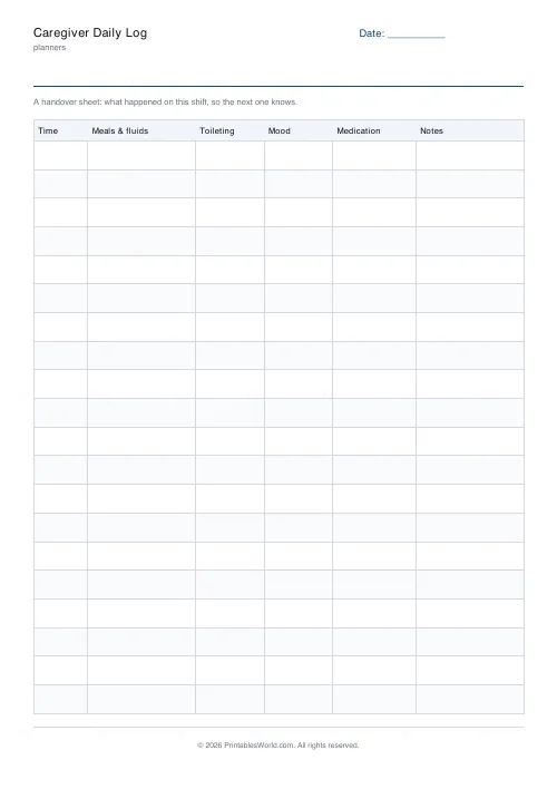 Free printable caregiver daily log (No name and date band), PDF download
