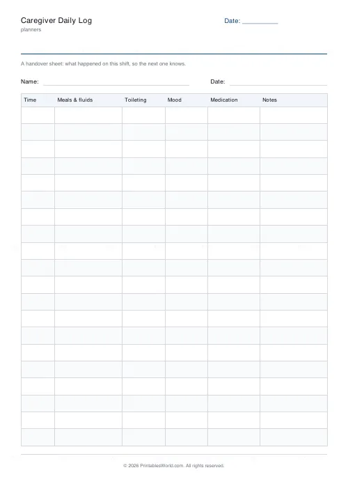 Free printable caregiver daily log (With a name and date band), PDF download