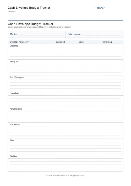 Free printable cash envelope budget tracker — PDF download