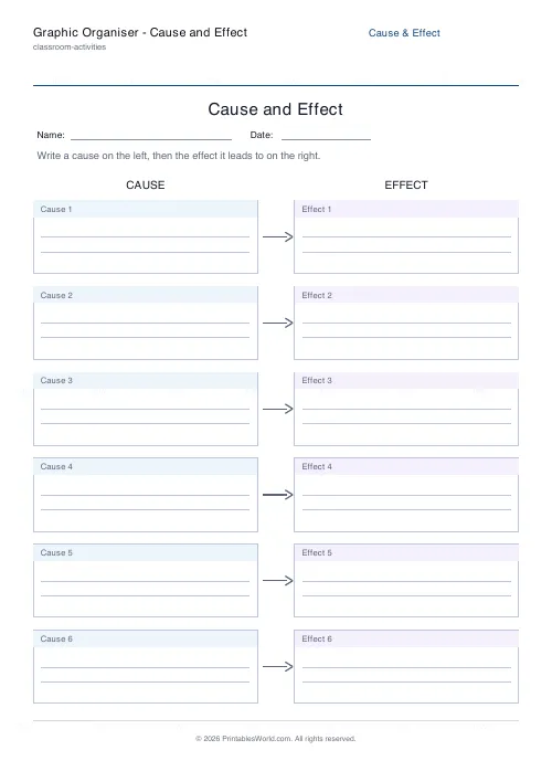 Free printable cause and effect organiser (6 rows), PDF download