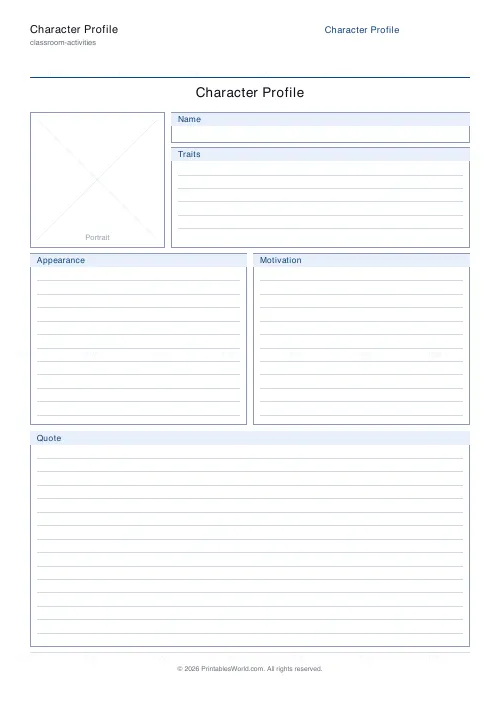 Free printable character profile worksheet, PDF download