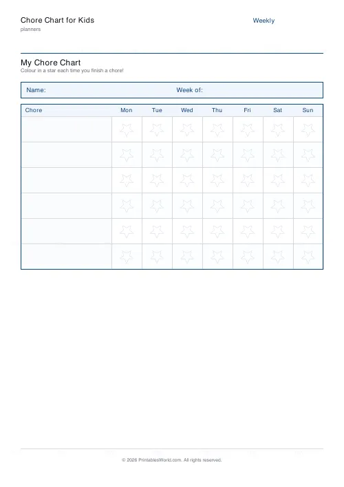 Free printable kids chore chart (6 chores), PDF download