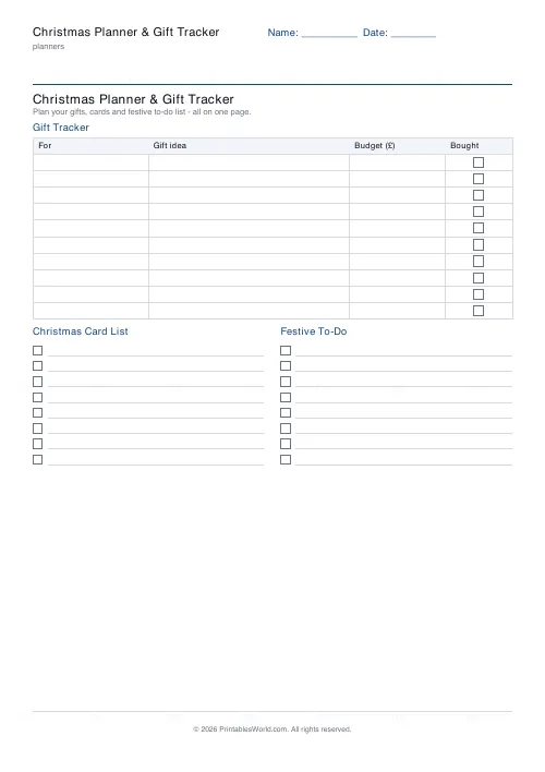 Free printable christmas planner and gift tracker (10 gifts), PDF download