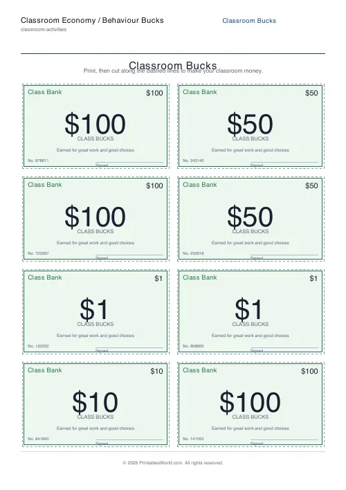 Free printable classroom money / behaviour bucks — Mixed values — PDF download