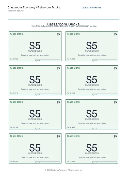Free printable classroom money / behaviour bucks — 5 note — PDF download