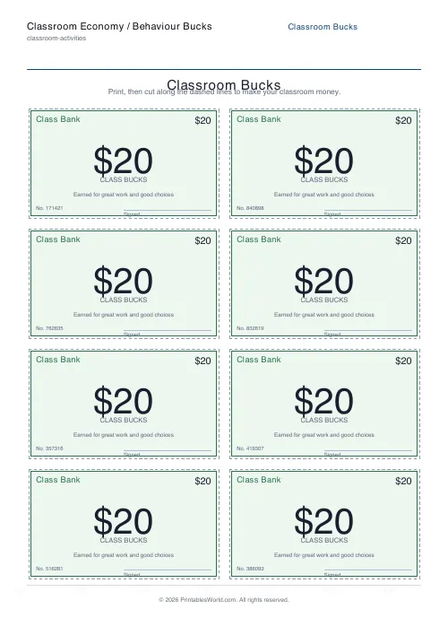 Free printable classroom money / behaviour bucks — 20 note — PDF download