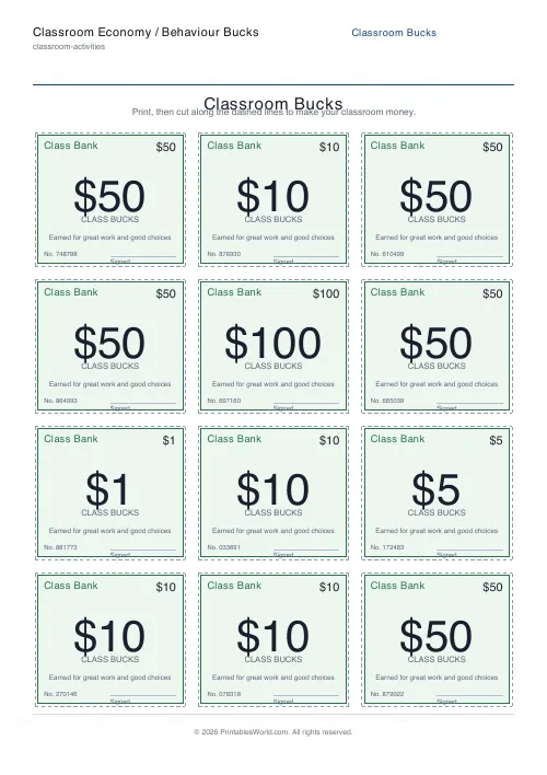 Free printable classroom money / behaviour bucks — 3 columns — PDF download