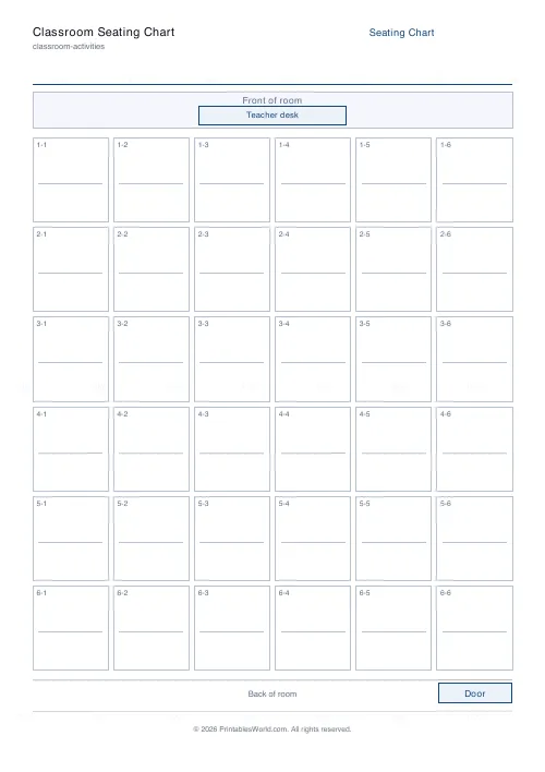 Free printable classroom seating chart (6 rows), PDF download