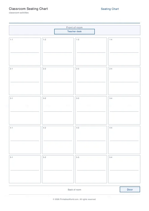 Free printable classroom seating chart (4 columns), PDF download