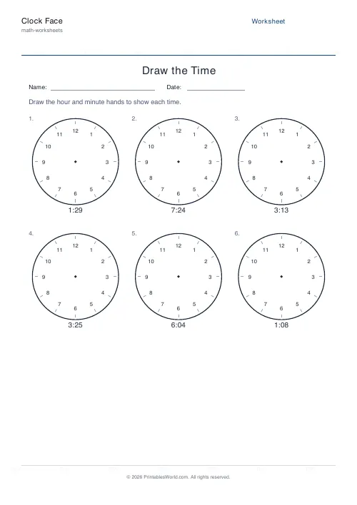 Free printable clock face worksheet — Any minute, with answer key — PDF download