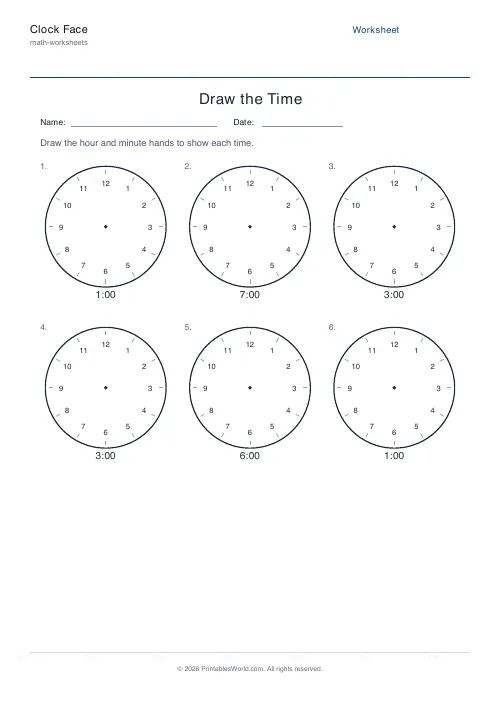 Free printable clock face worksheet — O'clock, with answer key — PDF download