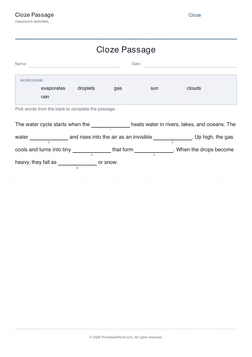 Free printable cloze passage worksheet (Shuffled), PDF download