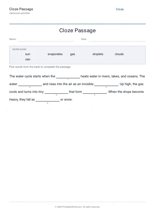 Free printable cloze passage worksheet (In order), PDF download