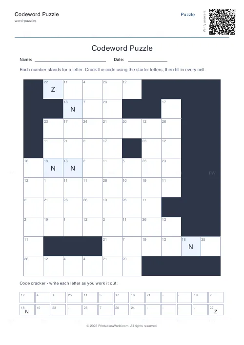 Free printable codeword puzzle (2 starters, with answer key), PDF download