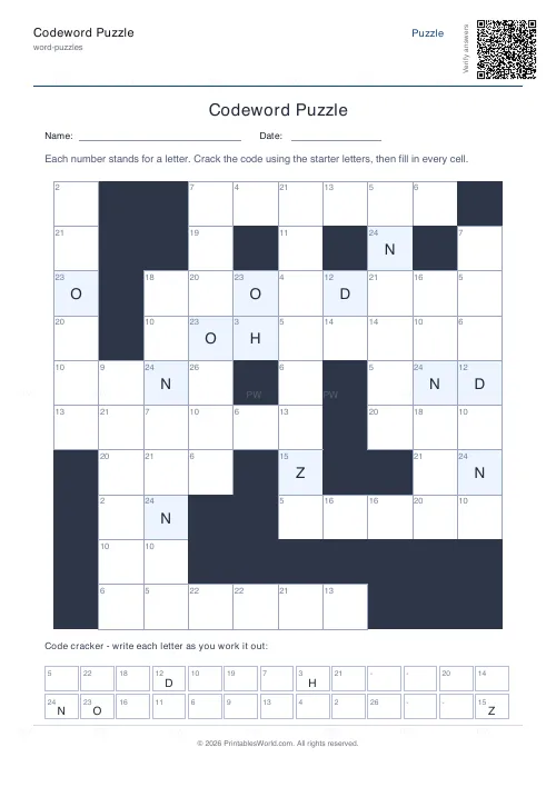 Free printable codeword puzzle (5 starters, with answer key), PDF download