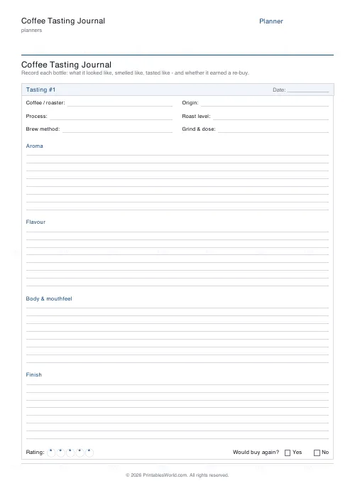 Free printable coffee tasting journal (1 tasting a page), PDF download