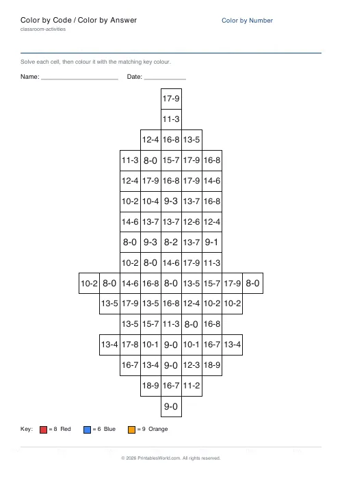 Free printable color-by-number worksheet — Subtraction — PDF download