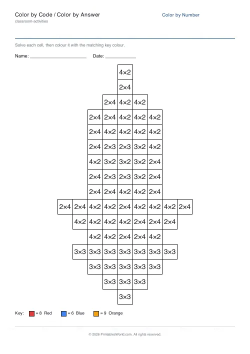 Free printable color-by-number worksheet — Multiplication — PDF download