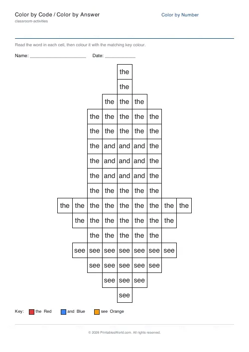 Free printable color-by-number worksheet — Sight word — PDF download