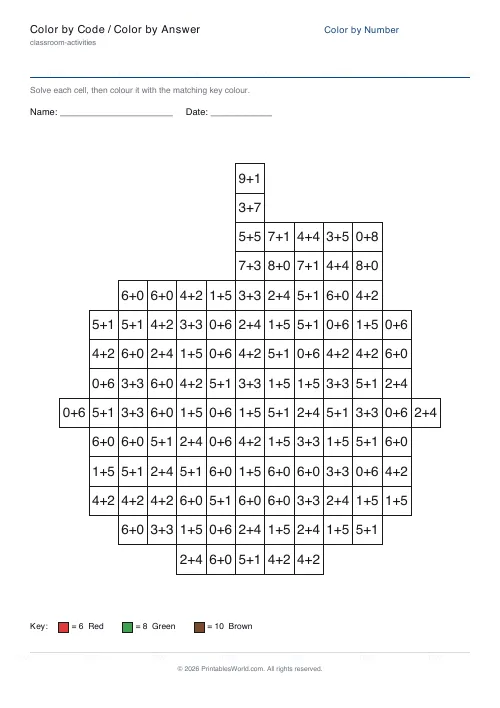 Free printable color-by-number worksheet — Apple, with answer key — PDF download