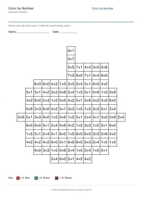 Free printable color-by-number worksheet (Addition), PDF download