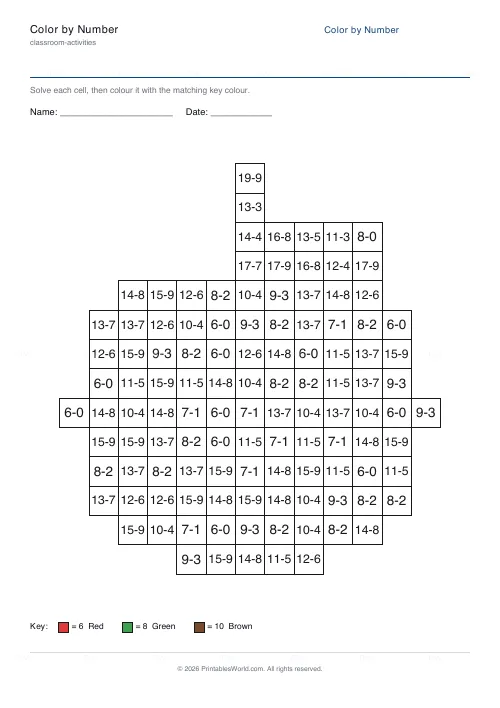 Free printable color-by-number worksheet (Subtraction), PDF download