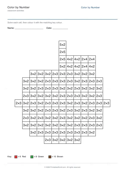 Free printable color-by-number worksheet (Multiplication), PDF download