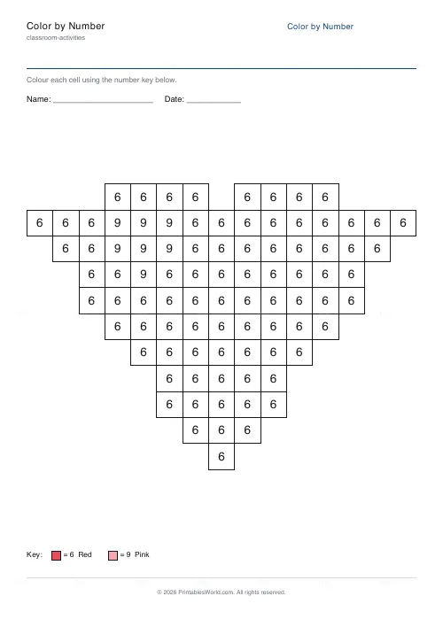 Free printable color-by-number worksheet (Heart), PDF download