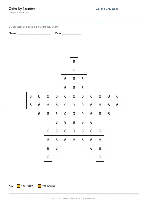 Free printable color-by-number worksheet (Star), PDF download