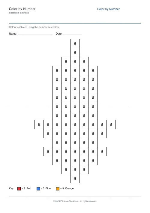Free printable color-by-number worksheet (Rocket), PDF download