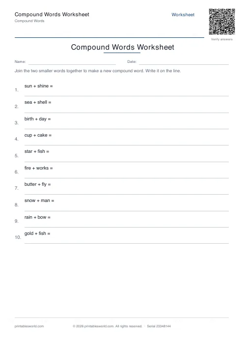 Free printable compound Words Worksheet PDF — sheet 1