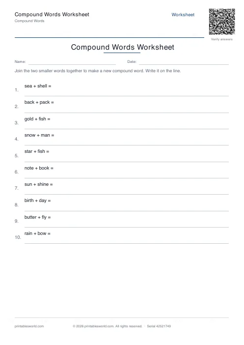 Free printable compound Words Worksheet PDF — sheet 11