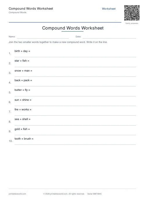 Free printable compound Words Worksheet PDF — sheet 3