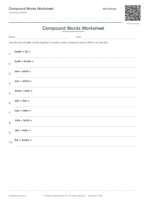 Free printable compound Words Worksheet PDF — sheet 5