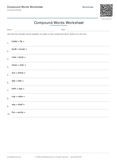 Free printable compound Words Worksheet PDF — sheet 6