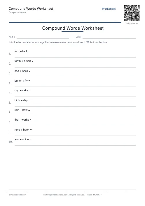 Free printable compound Words Worksheet PDF — sheet 8