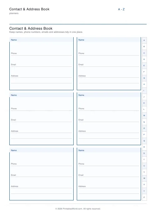 Free printable contact address book (6 contacts), PDF download