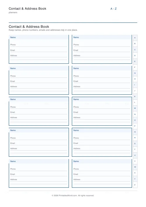 Free printable contact address book (10 contacts), PDF download