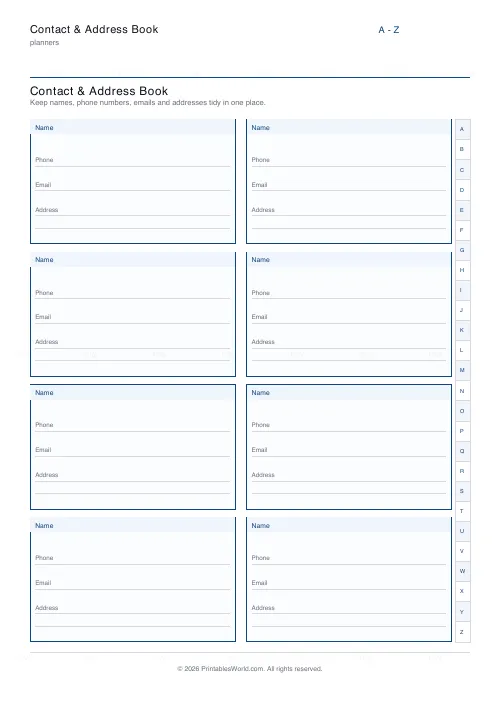Free printable contact address book (With A–Z tabs), PDF download