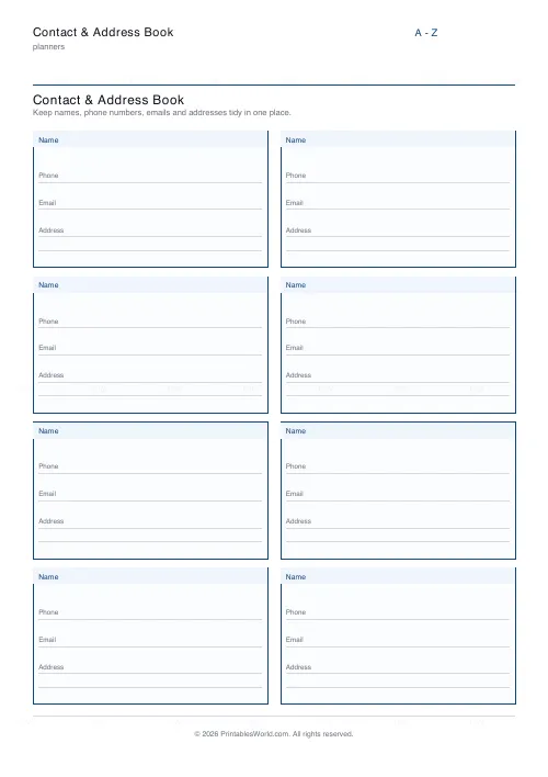Free printable contact address book (No tabs), PDF download