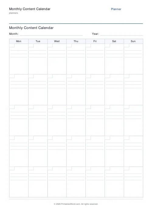 Free printable monthly content calendar — PDF download